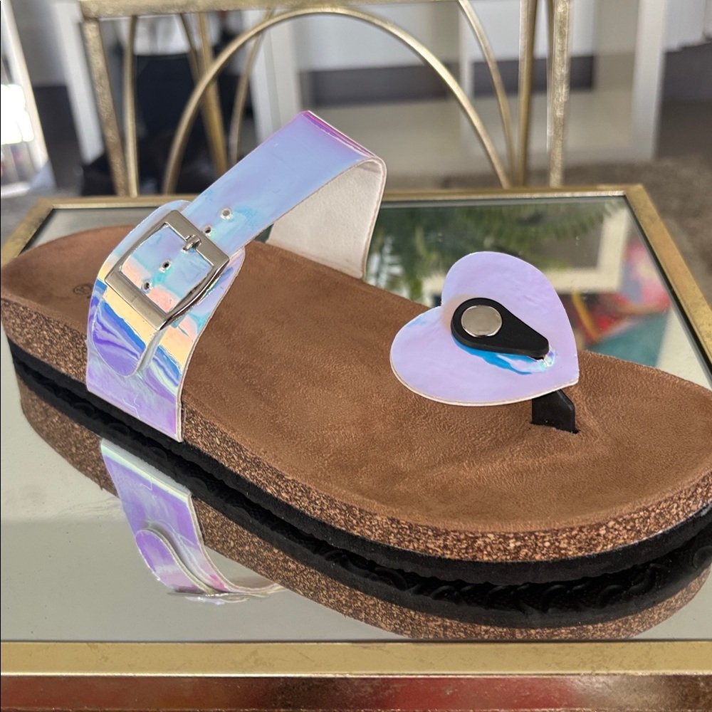 Holographic Slide Sandals with Heart Accent